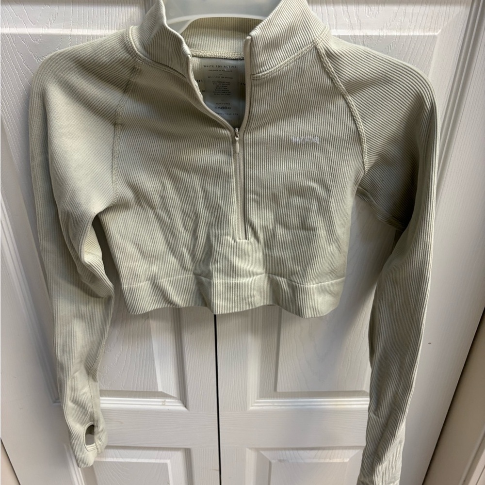 White Fox Cropped Half-Zip Pullover in Light Sage - Picture 1 of 6
